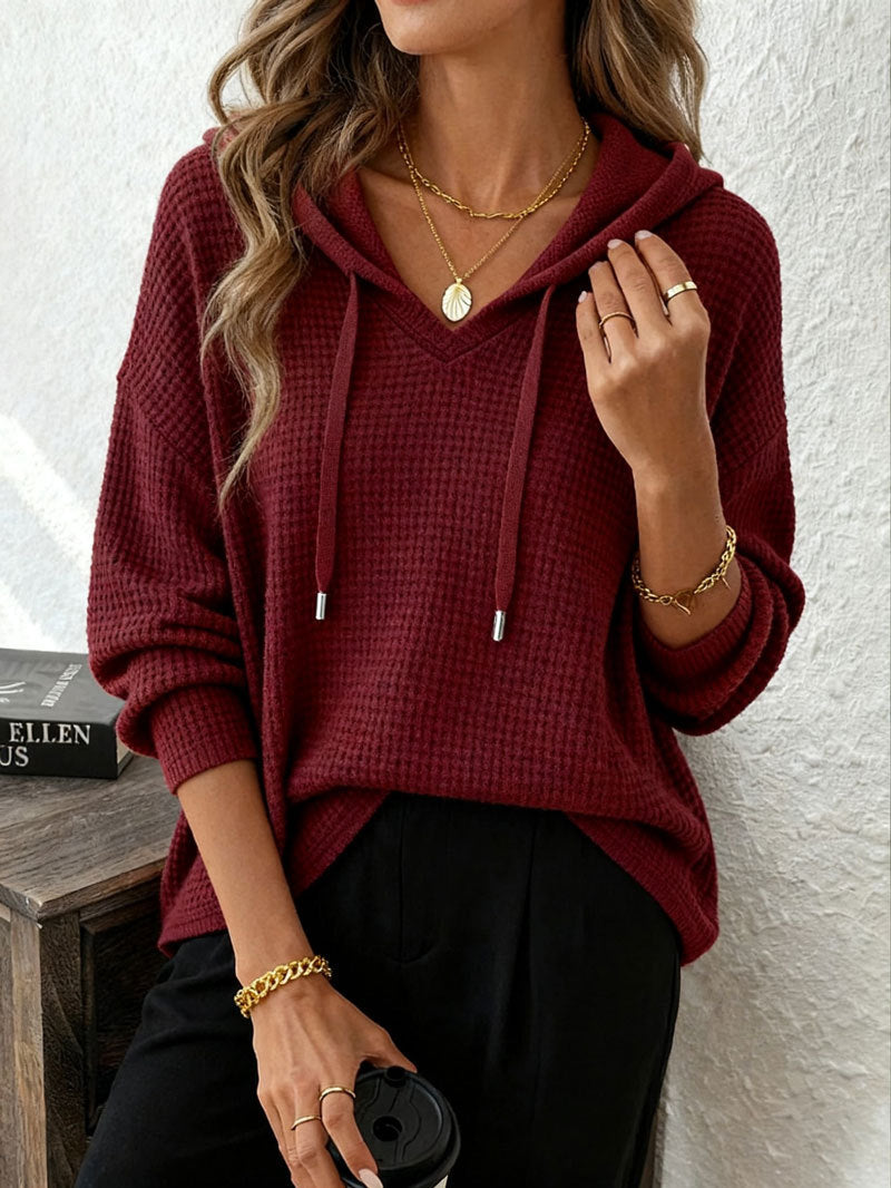 Women's Fashion Waffle Pullover Solid Color Hoodie Tops