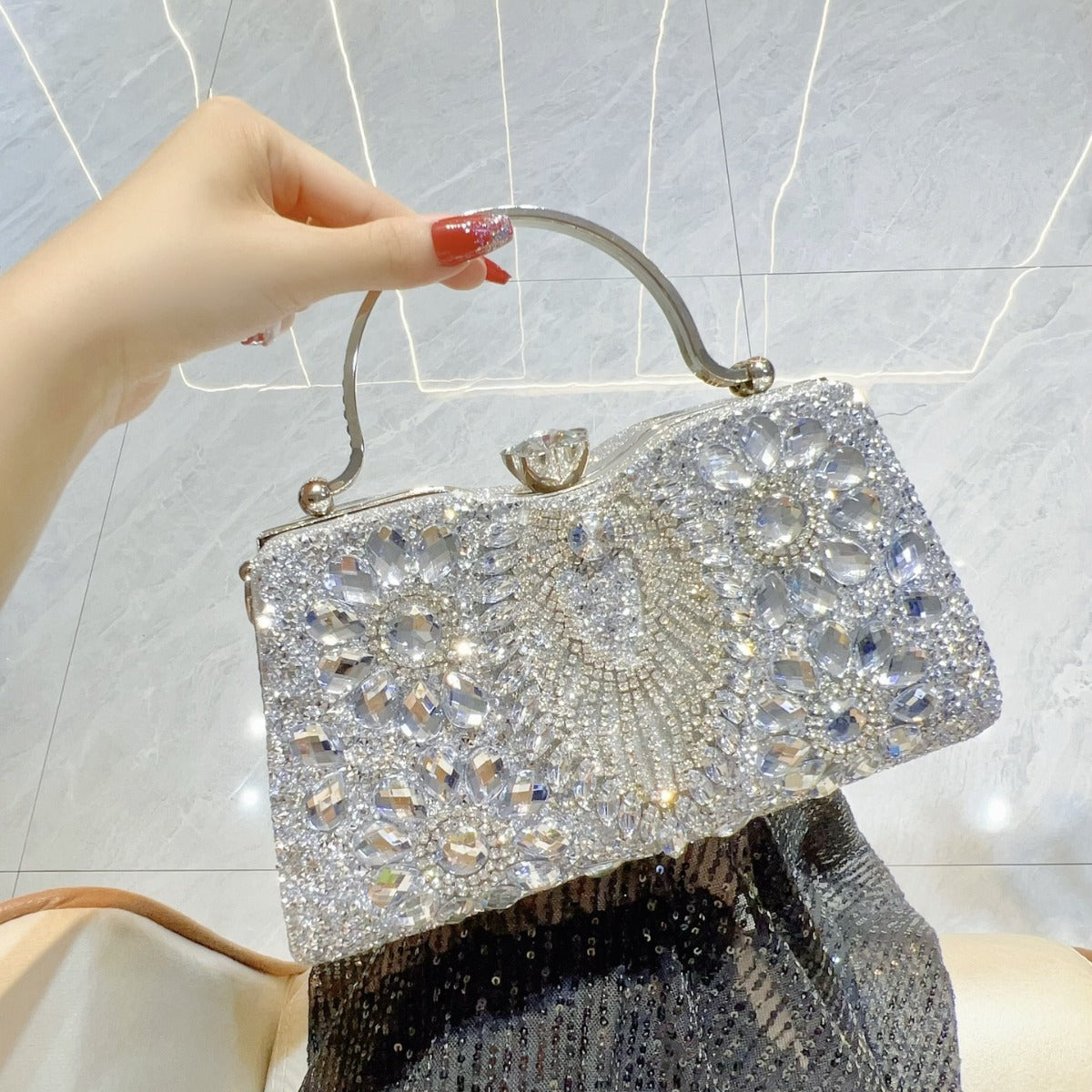 Women's Glamorous Diamond Shiny Banquet Dress Tote Bags