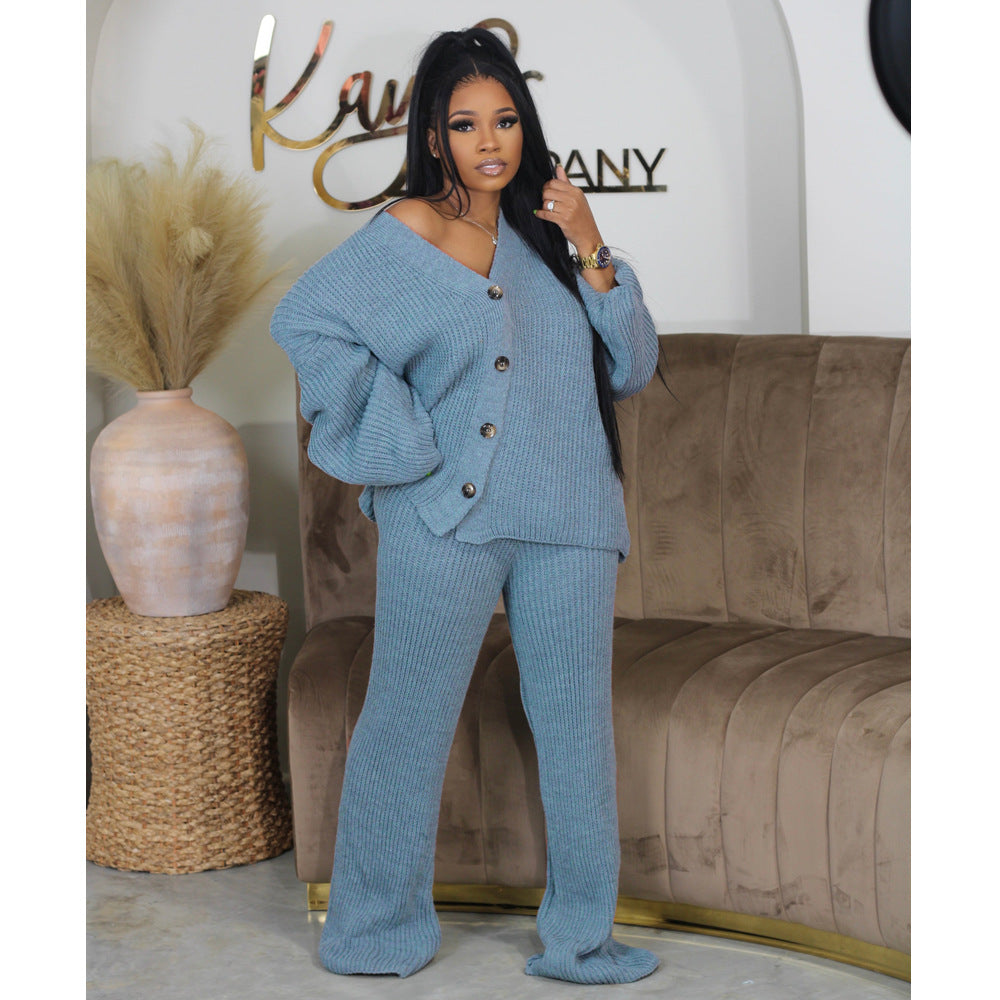 Women's Solid Color Breasted Wide Leg Trousers Suits
