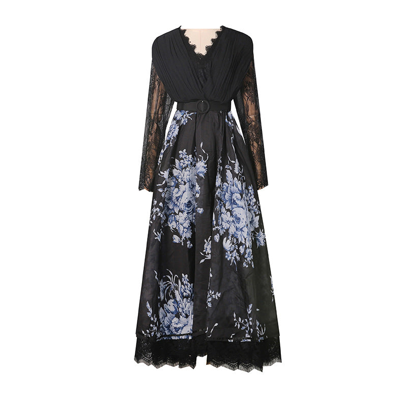 Women's Lace Long Sleeve Floral Print Dress Waist Large Dresses