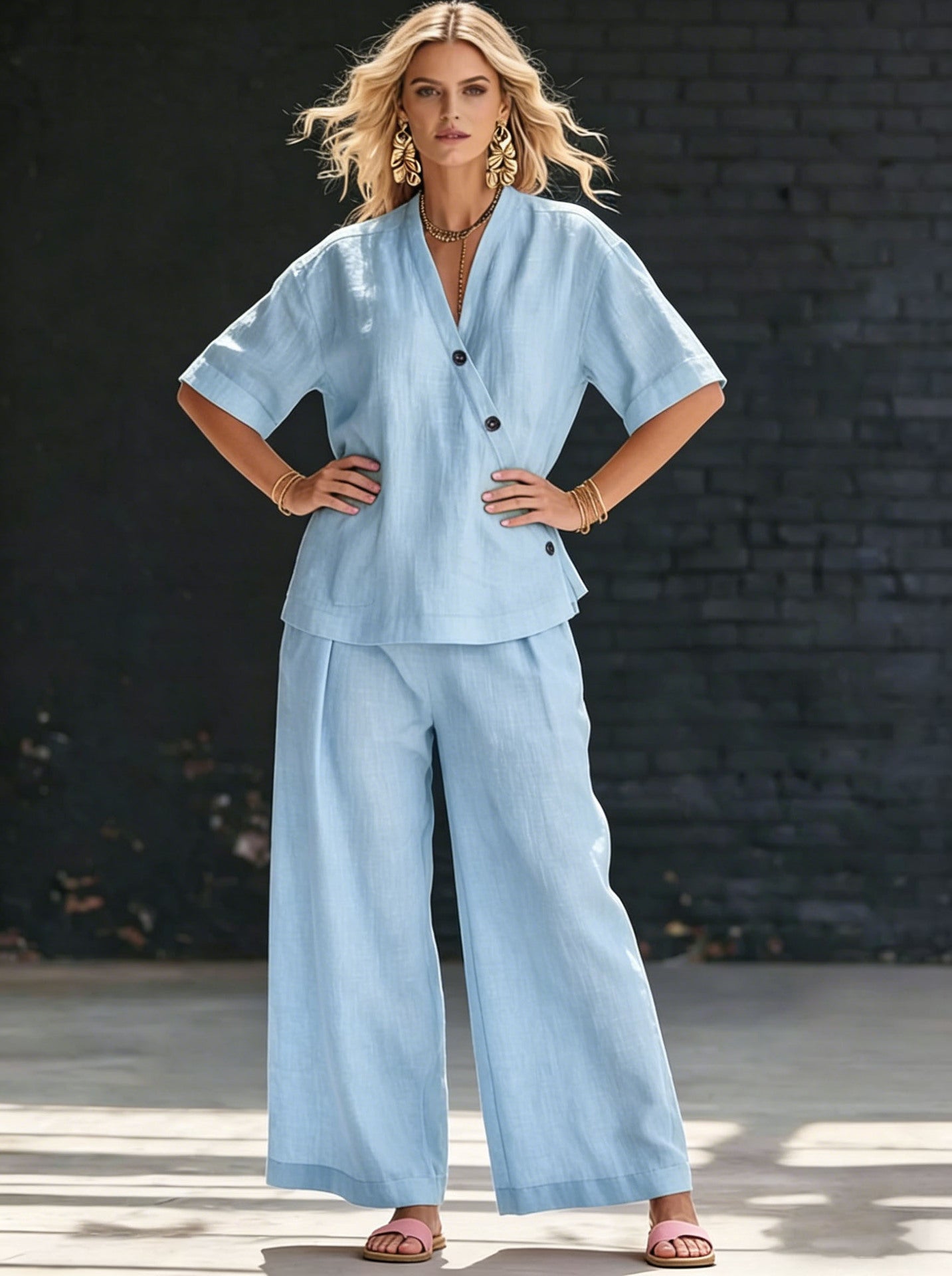 Women's Solid Color Loose Short-sleeved High Waist Trousers Fashion Casual Suit