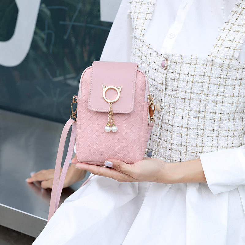 Women's Korean Style Mobile Woven Pearl Tassel Phone Bags