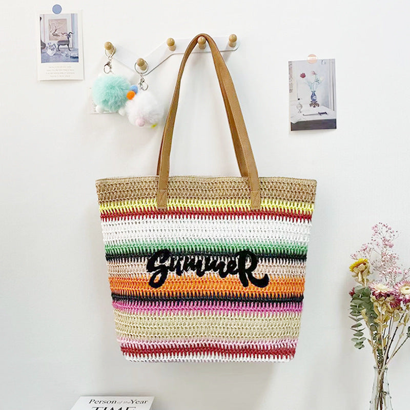 Women's Straw Shopping Striped Letters Beach Shoulder Bags