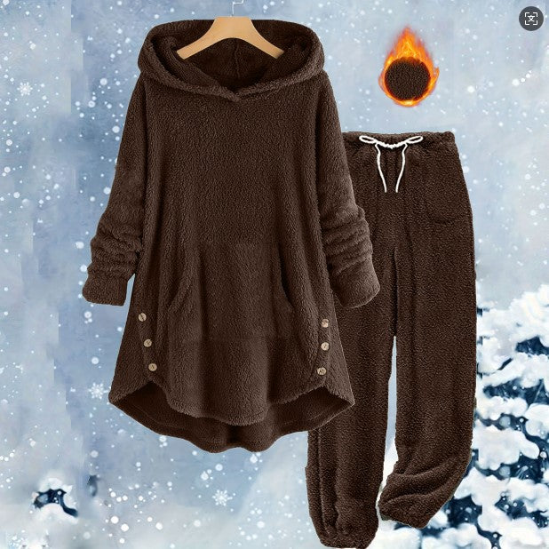 Women's Casual Solid Color Plush Hooded Long Sleeve Suits