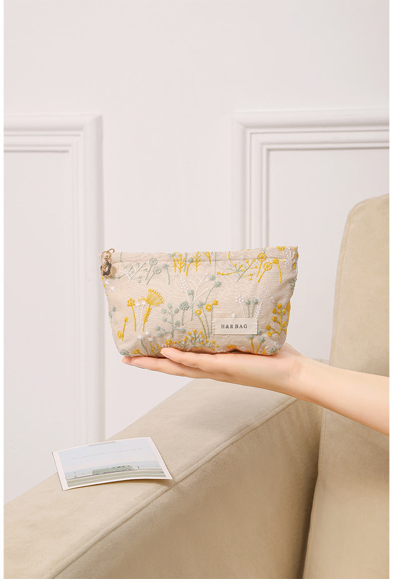 Linen Plant Embroidery Hand-held Portable Canvas Cosmetic Bags