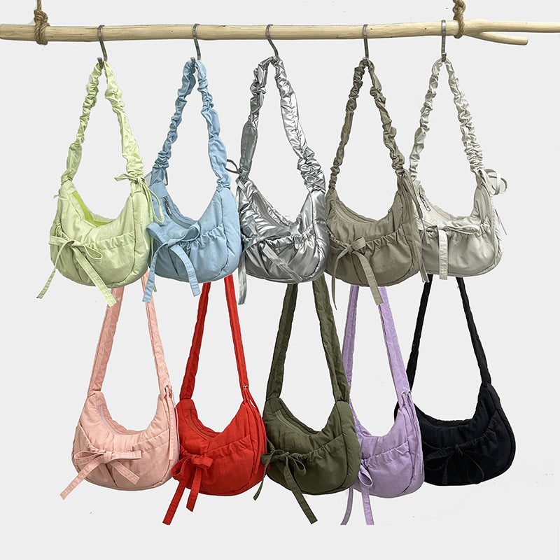 Teenage Leisure Korean Style Bow Underarm Pleated Adjustable Strap Shoulder Bags