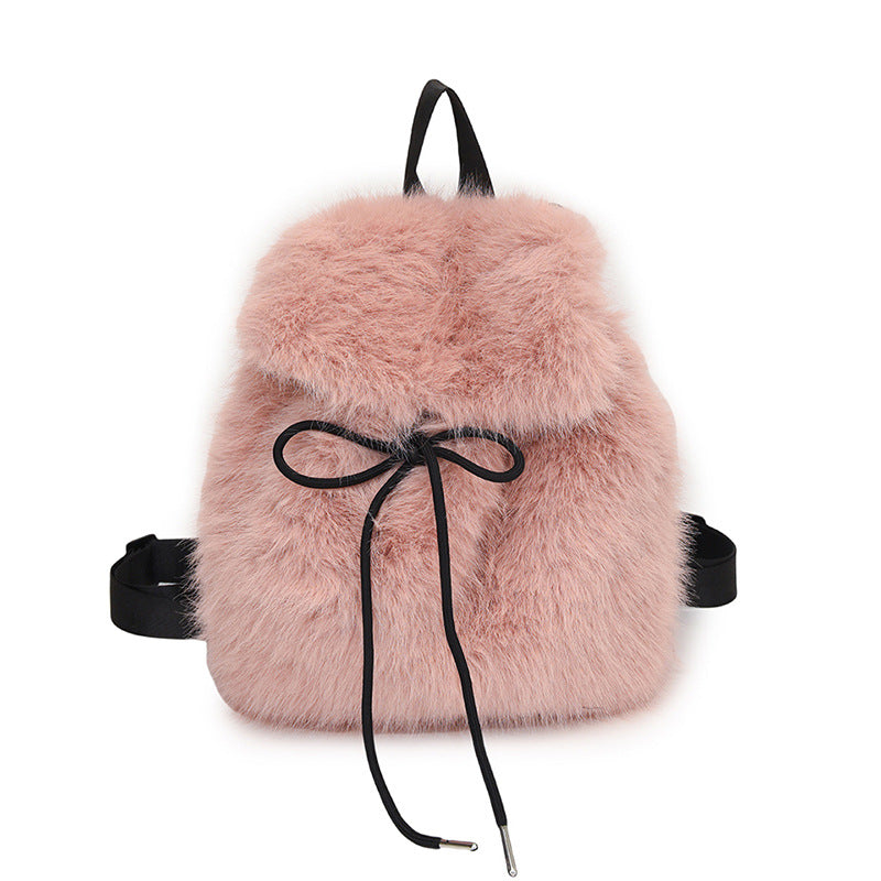 Women's Faux Fox Plush Fashion Drawstring Flip Backpacks