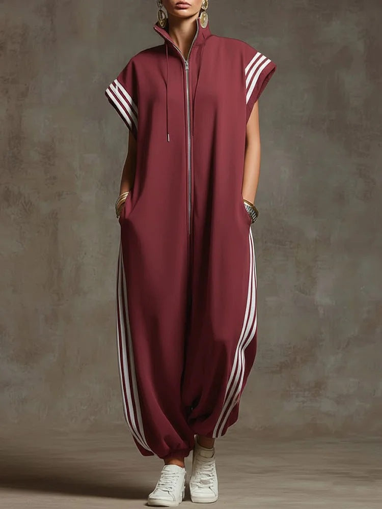 Zipped Stand Collar Striped Contrast Color Fashion Quick Women's Jumpsuit/clothing
