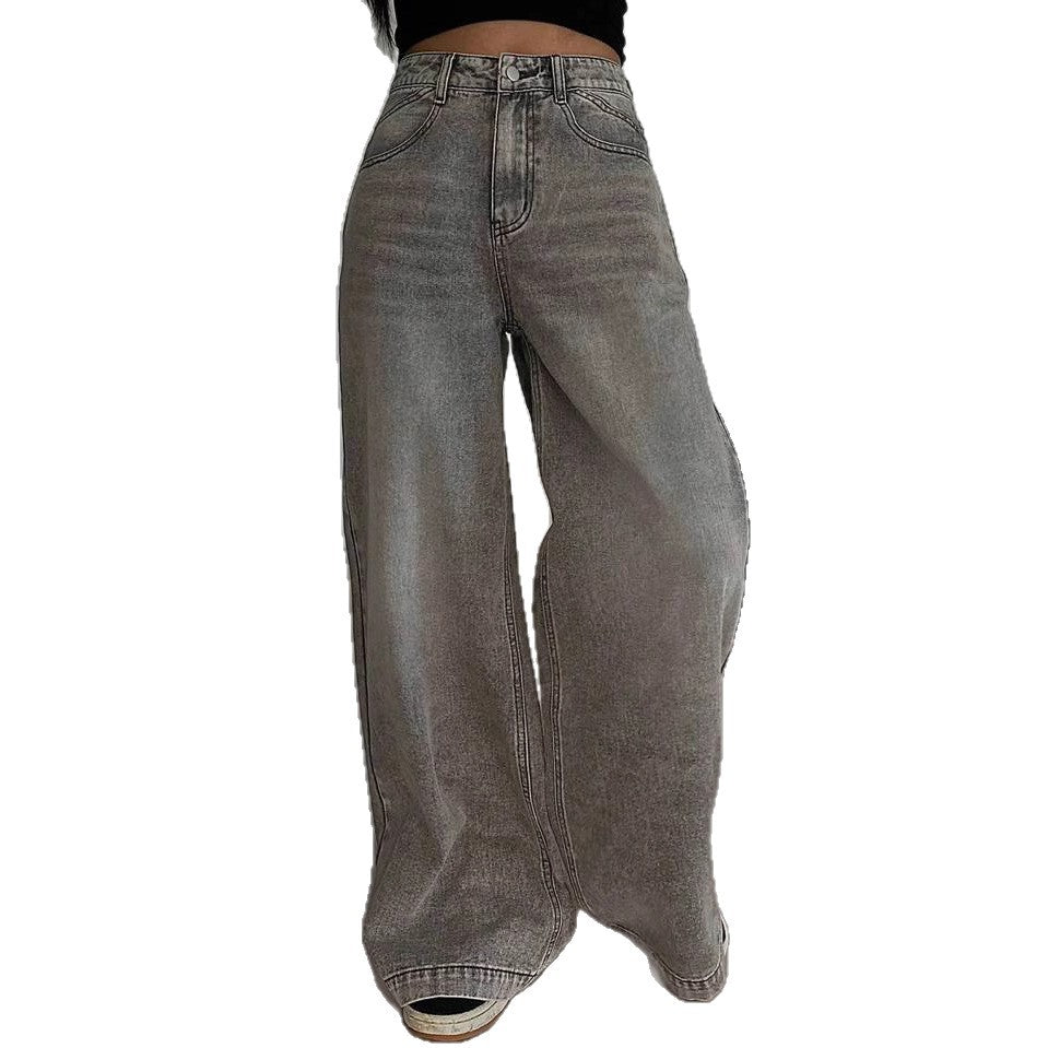 Women's American Retro Draping High Waist Wide Leg Loose Women's Jeans