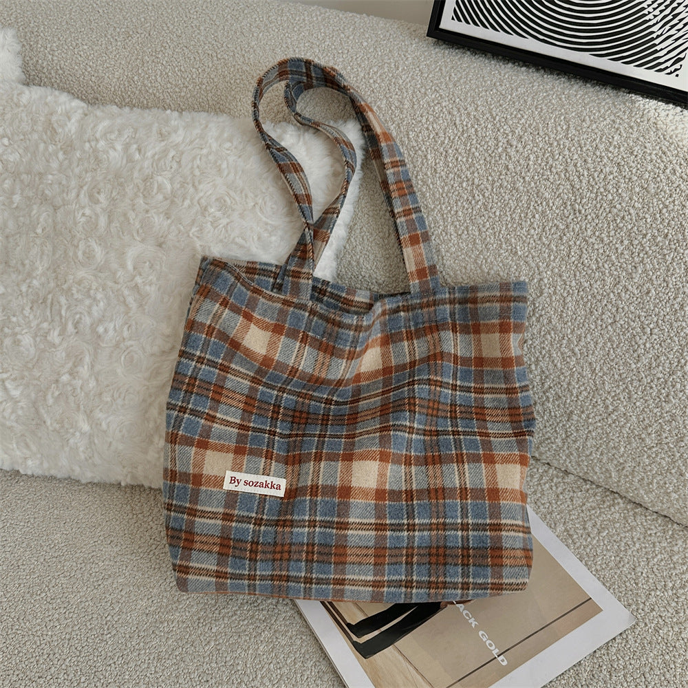 Women's Large Capacity Vintage Woolen Plaid Portable Shoulder Bags