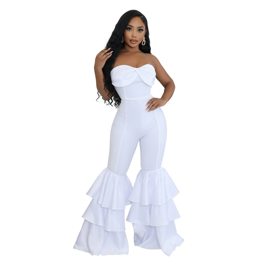 Women's Fashion Sexy Tube Solid Color Pleated Jumpsuits