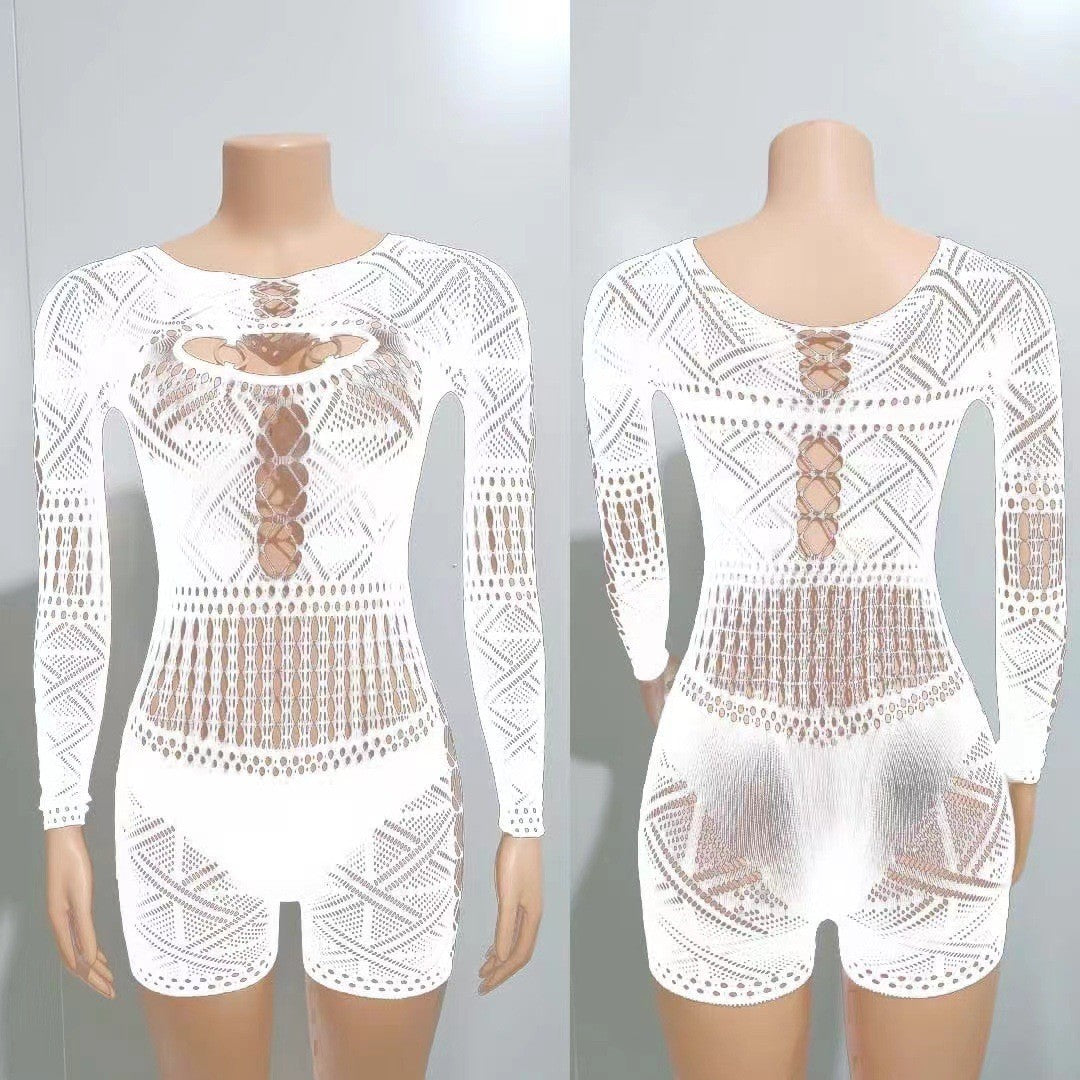 Women's Hollow Out Lace High Waist Tight Knitted Women's Jumpsuit/clothing