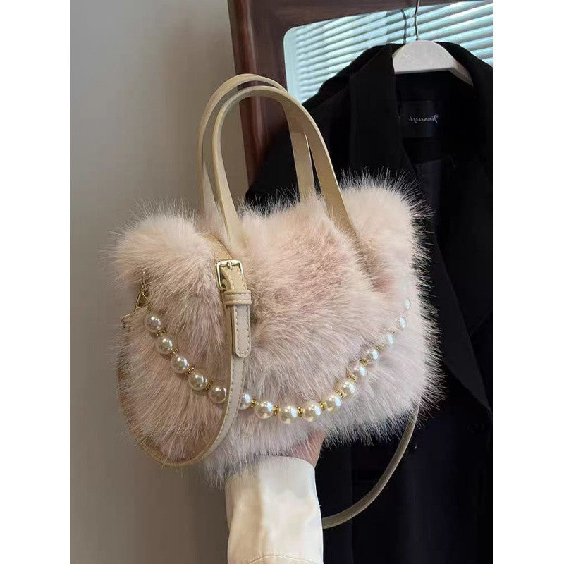 Women's Furry Fashion Pearl Plush Cute Commuter Crossbody Bags