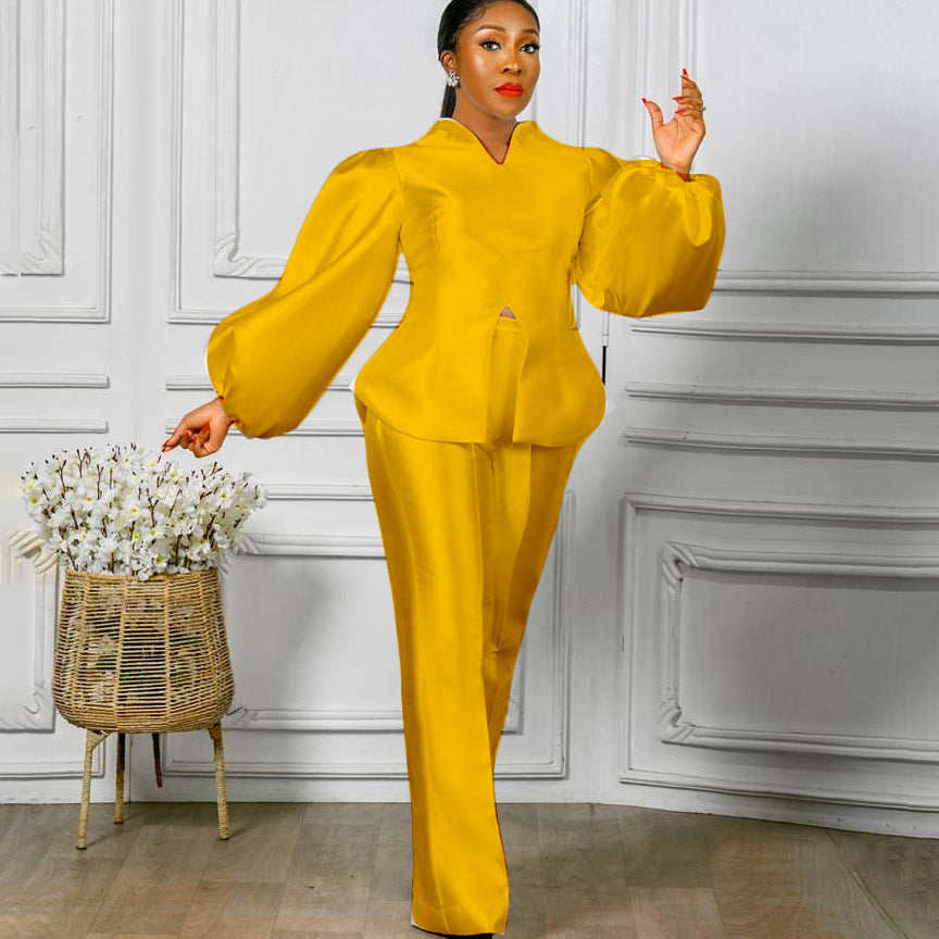 Women's Solid Color Puff Sleeve Wide Leg Clothing