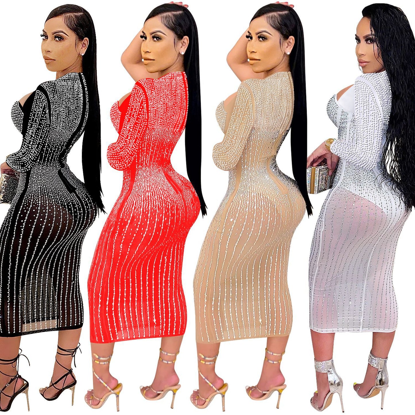Women's Fashion Wear Nightclub Mesh Rhinestone Strap Dresses