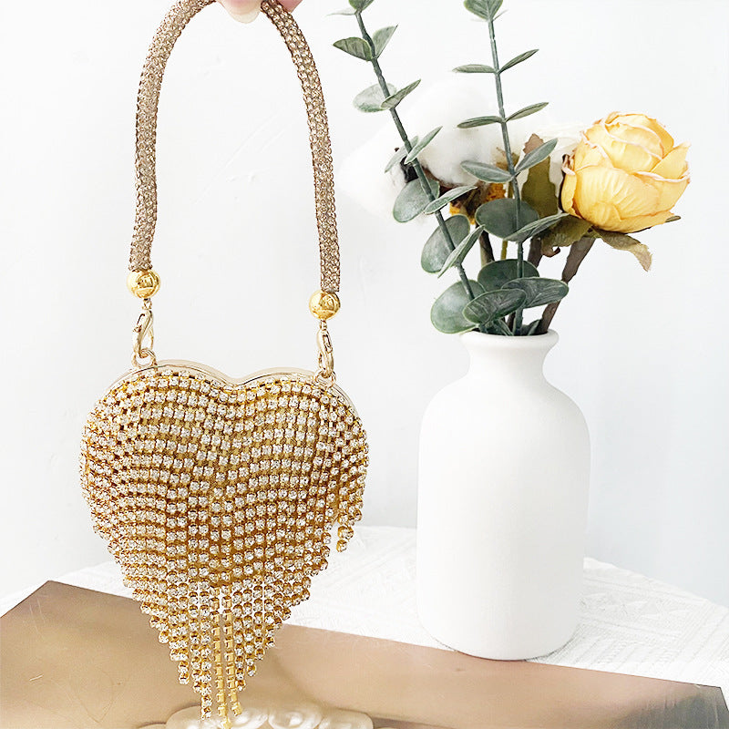 Peach Heart Chain Diamond Glass Stone Evening Bags
