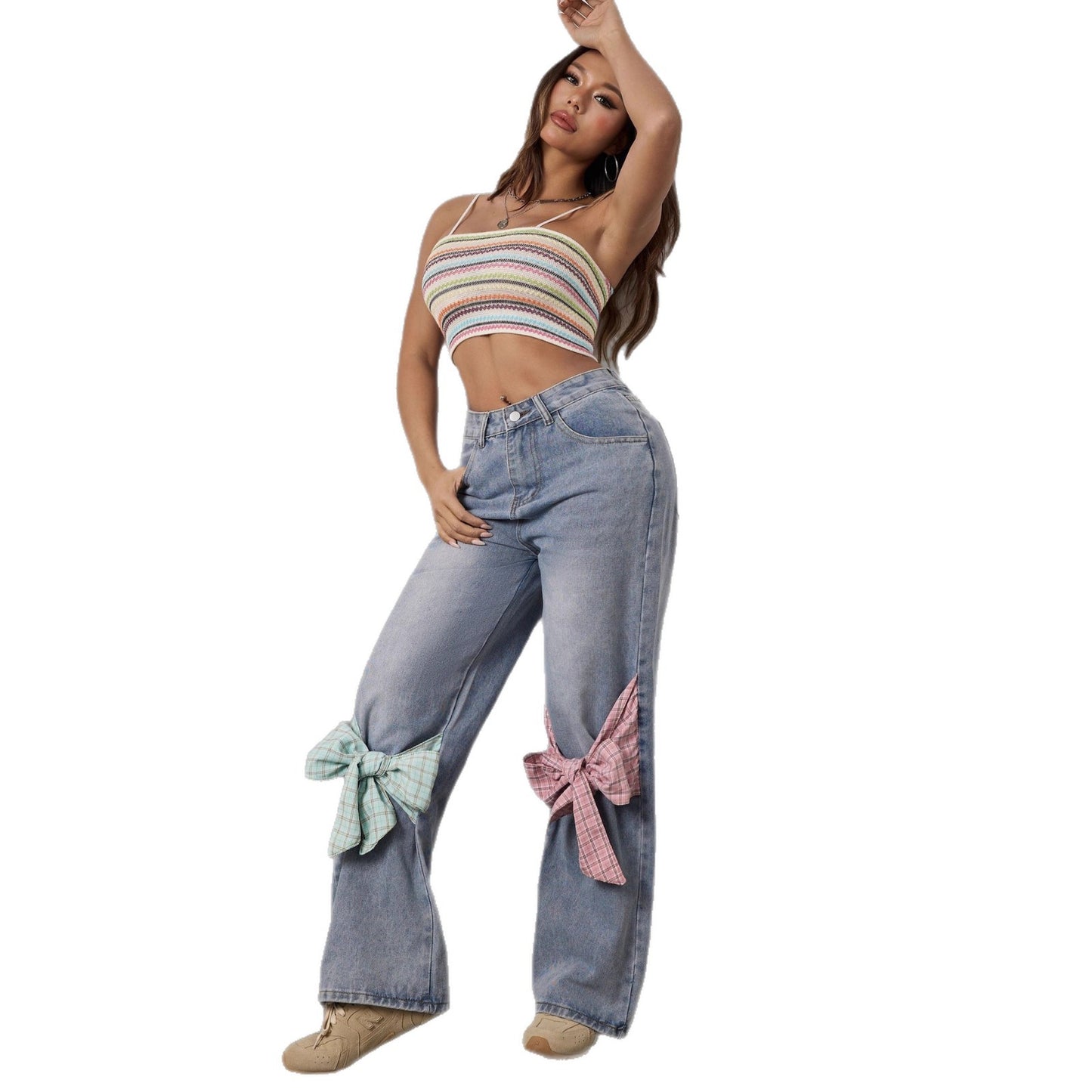 Women's Bow Design High Waist Wide Leg Jeans