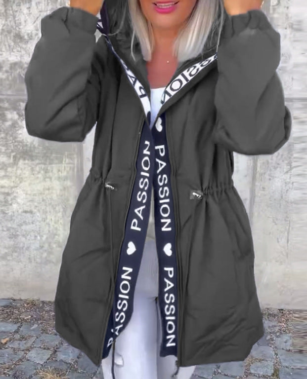 Women's Winter Casual Drawstring Zipper Pocket Letters Coats