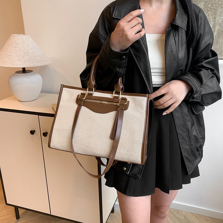 Female Linen Contrast Color Retro Leisure Commute Tote Bags