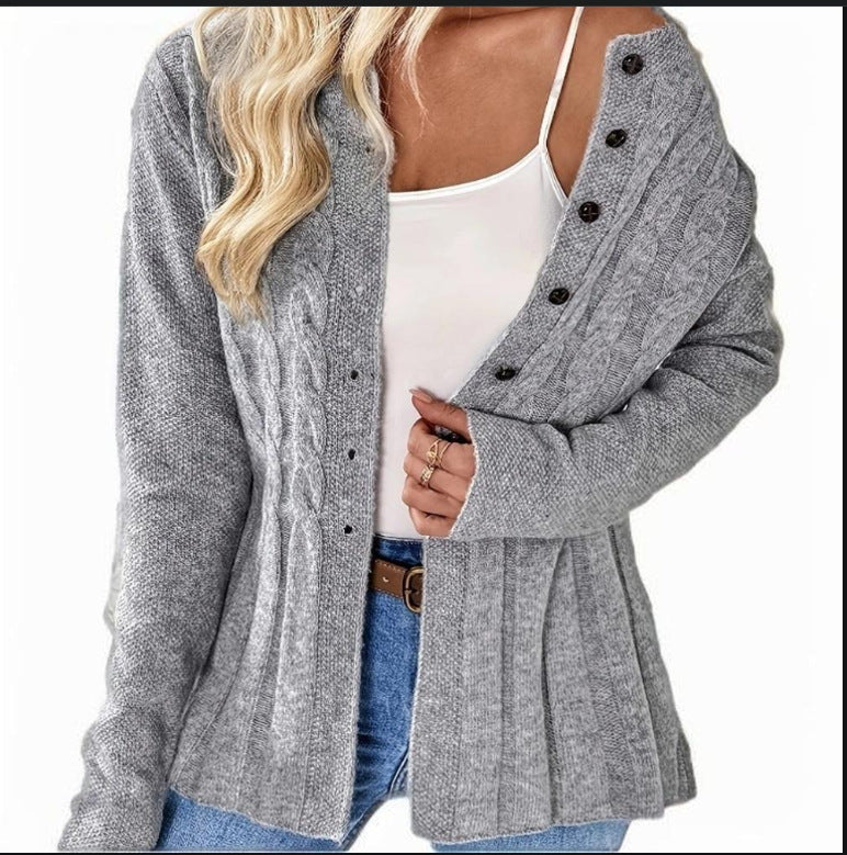 Women's Single-breasted Casual Long-sleeved Knitted Twist Round Sweaters