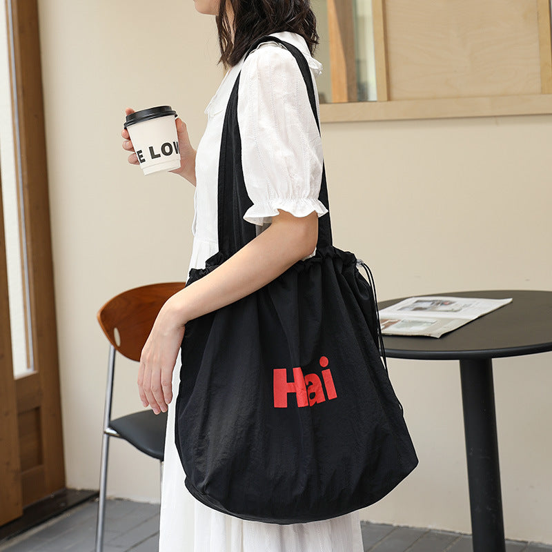 Women's Pleated Canvas Fashionable Letter Printed Drawstring Shoulder Bags