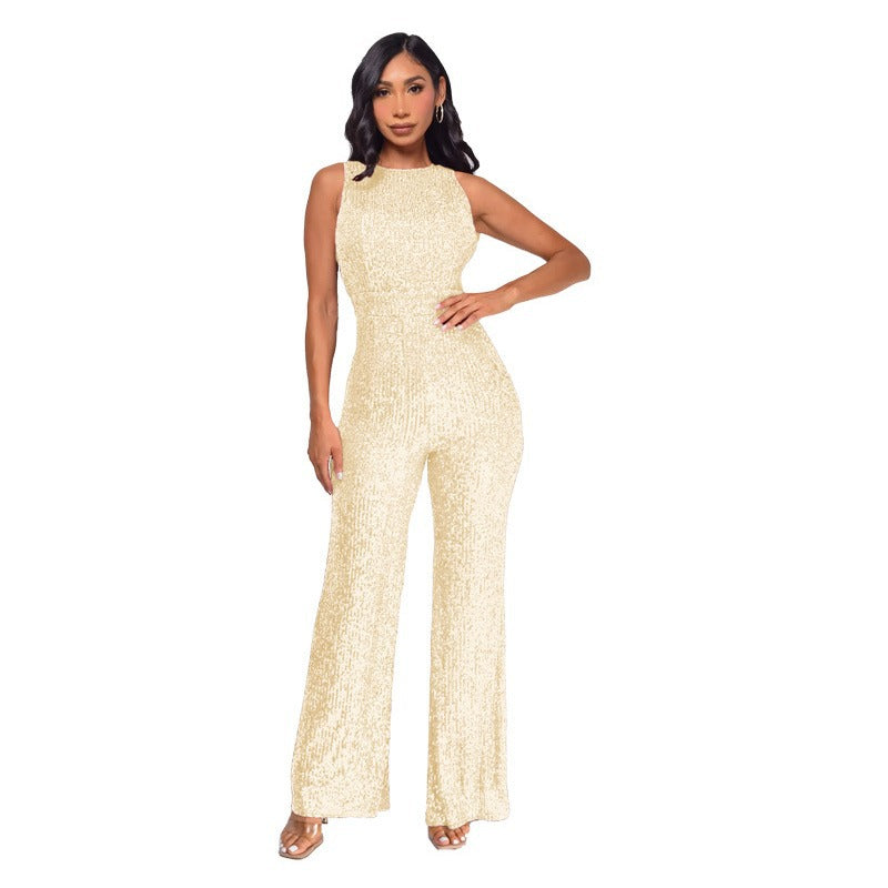 Women's Wind Sleeveless Sequined Round Neck Slim Jumpsuits