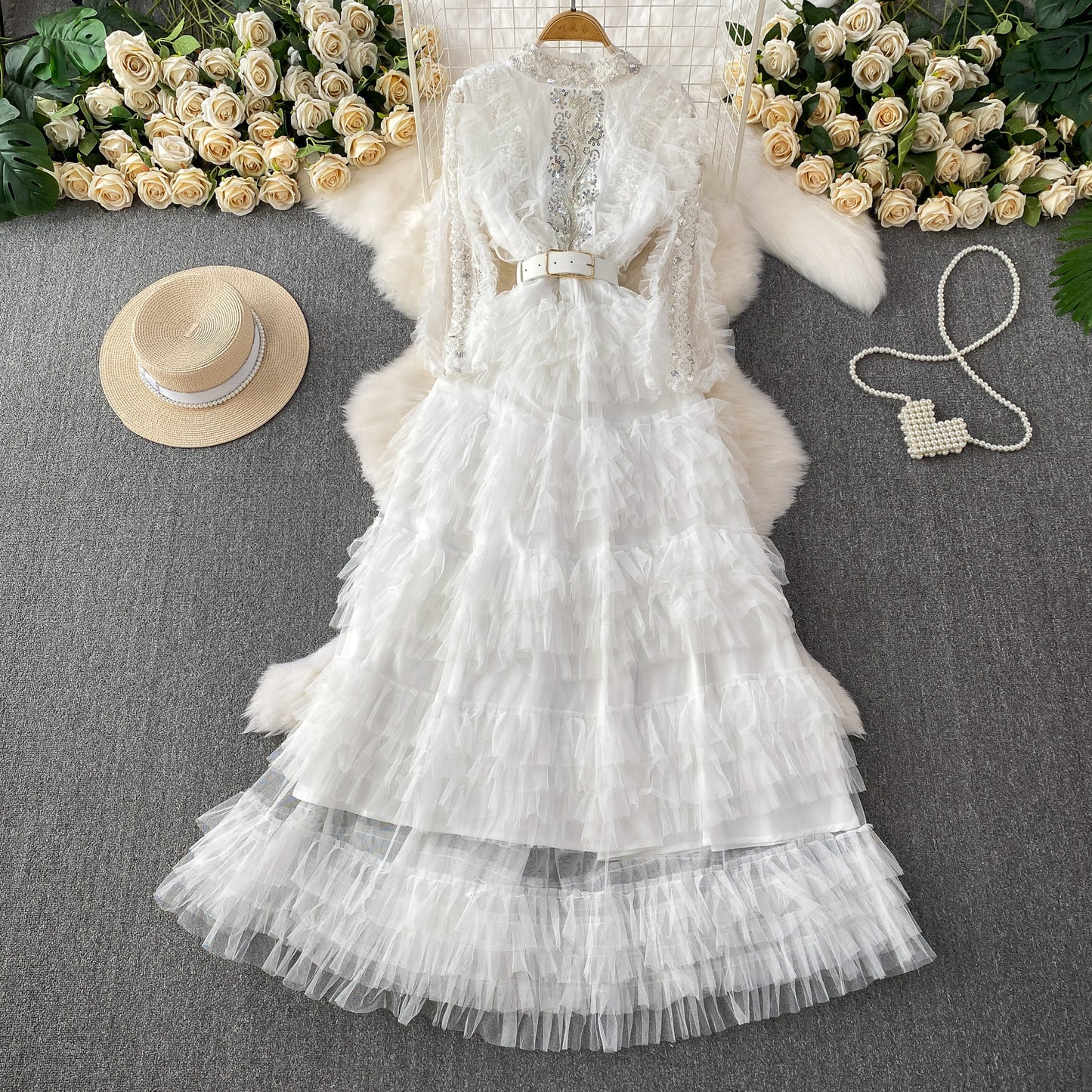 Lux Sequined Embroidered Beads Cinched Mesh Tulle Dresses