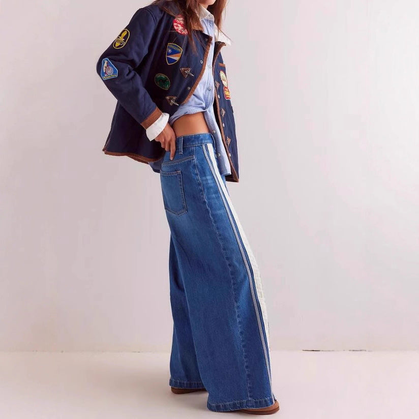 Fashion Retro Characteristic Row Split Color Matching Wide Leg Mopping Women's Jeans