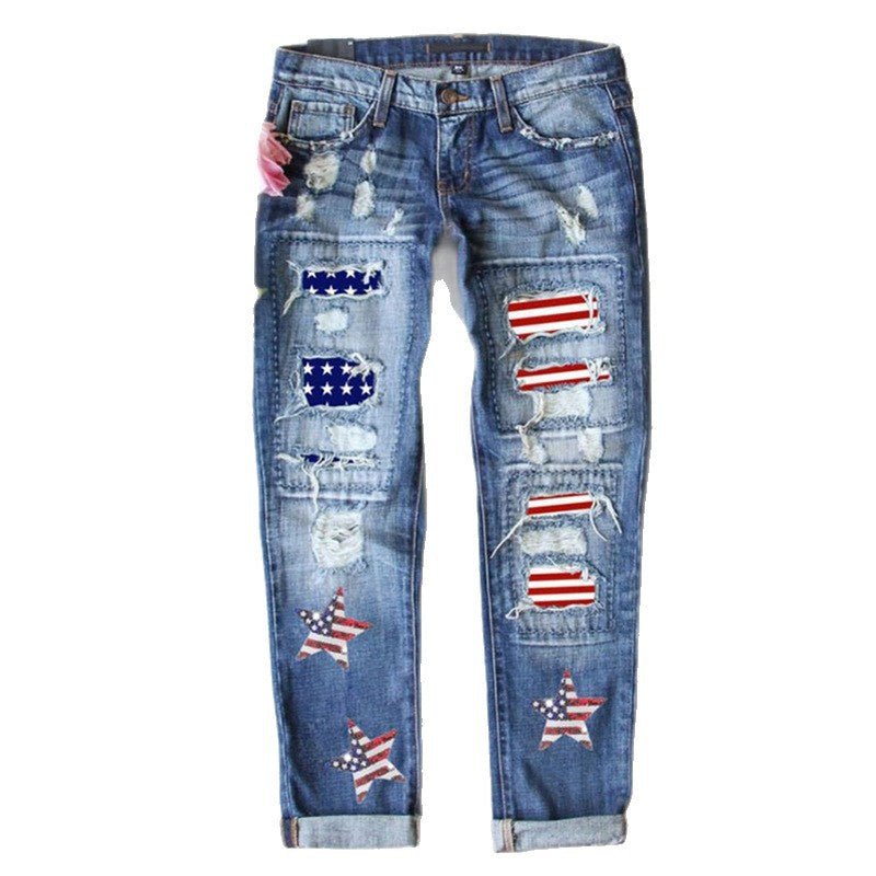 Women's Ripped Print Lining Stickers Casual Cropped Jeans