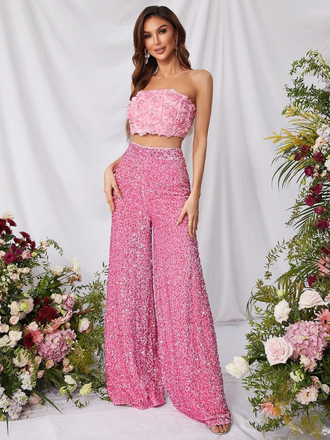 Pure Color Sequins Wide Leg Fashion Mid Pants