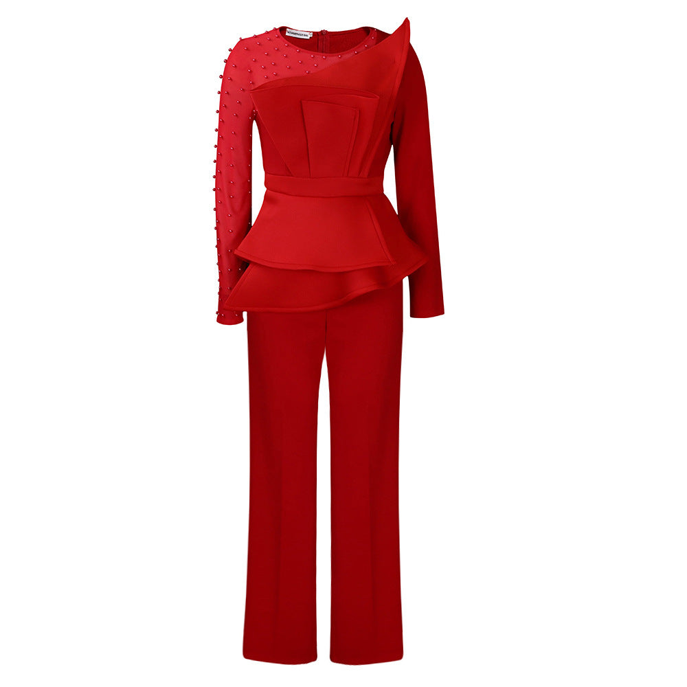 Long Sleeve Temperament Mesh Splicing Beads Slimming Women's Jumpsuit/clothing