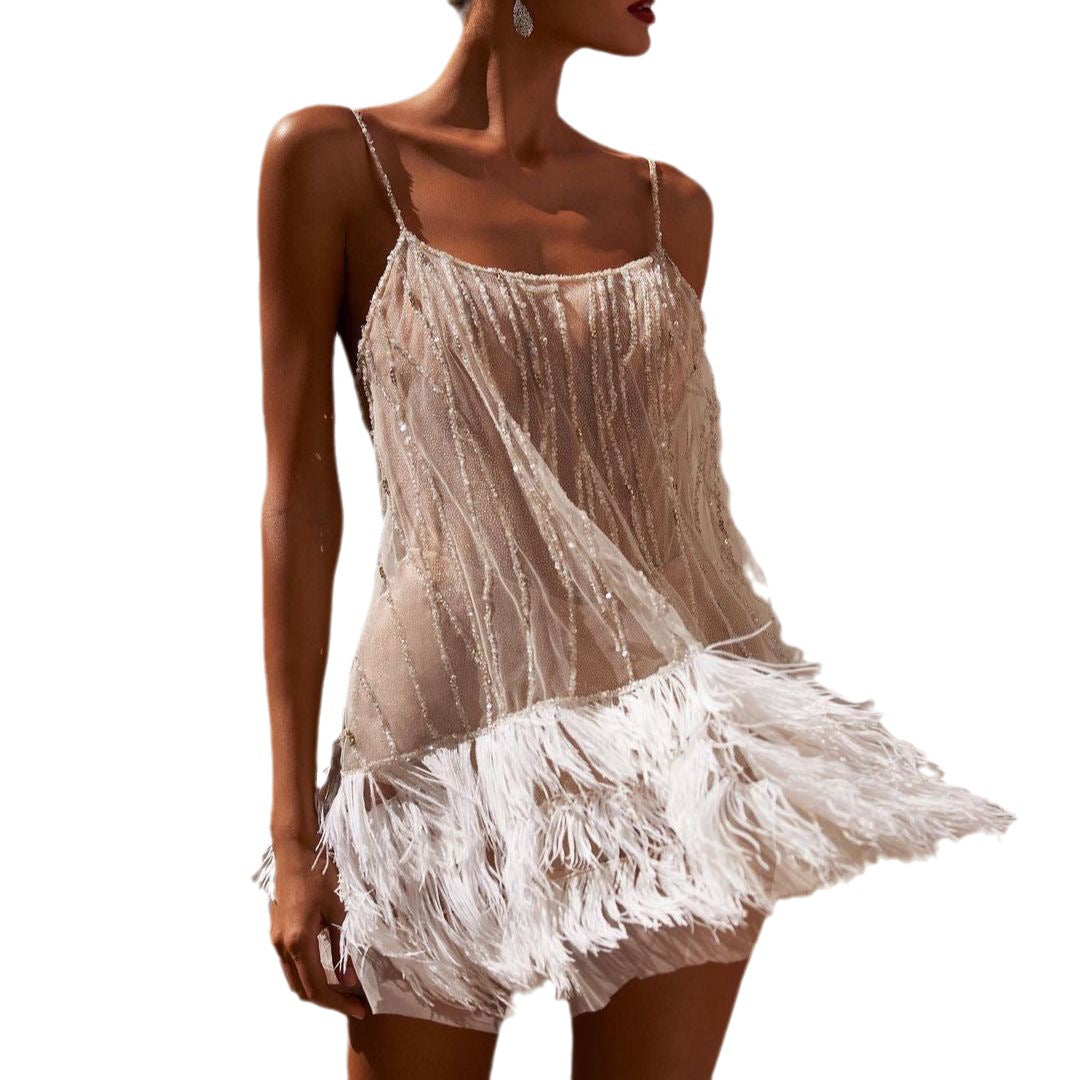 Dress Sexy Backless Layered Tassel Mesh Dresses