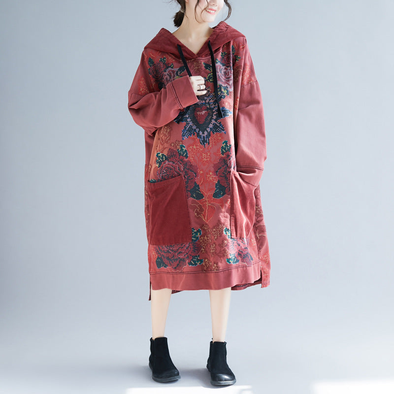 Women's Hooded Mid-length Ethnic Print Retro Distressed Dresses