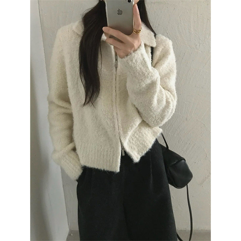 Women's Knitted Retro Lapels Loop Wool Zipper Coats