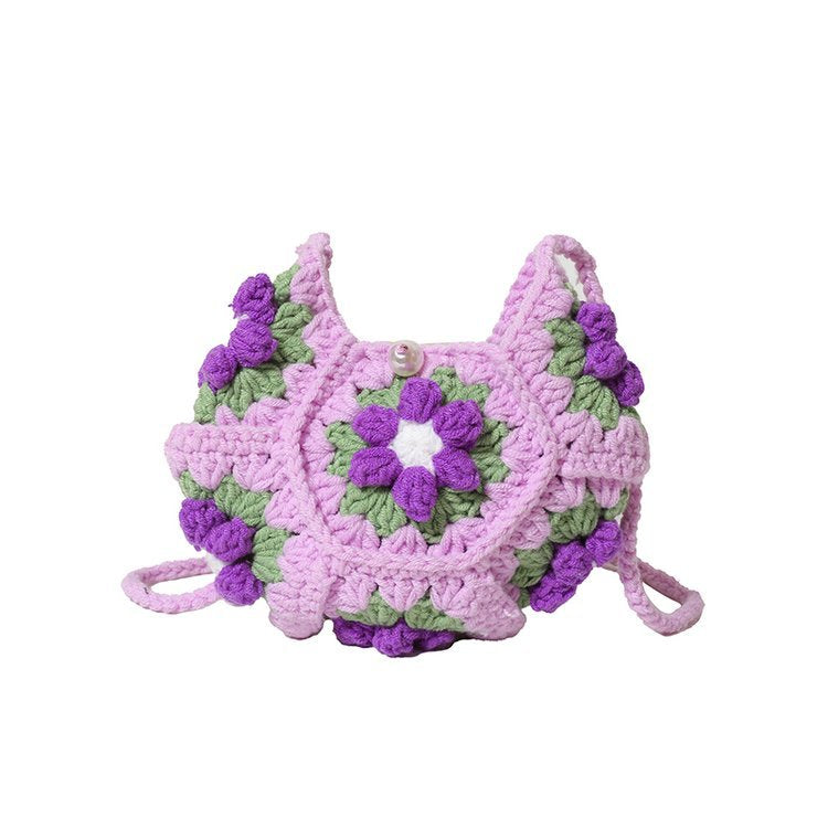 Women's Finished Handmade Crocheted Grandmother Plaid Flower Bags