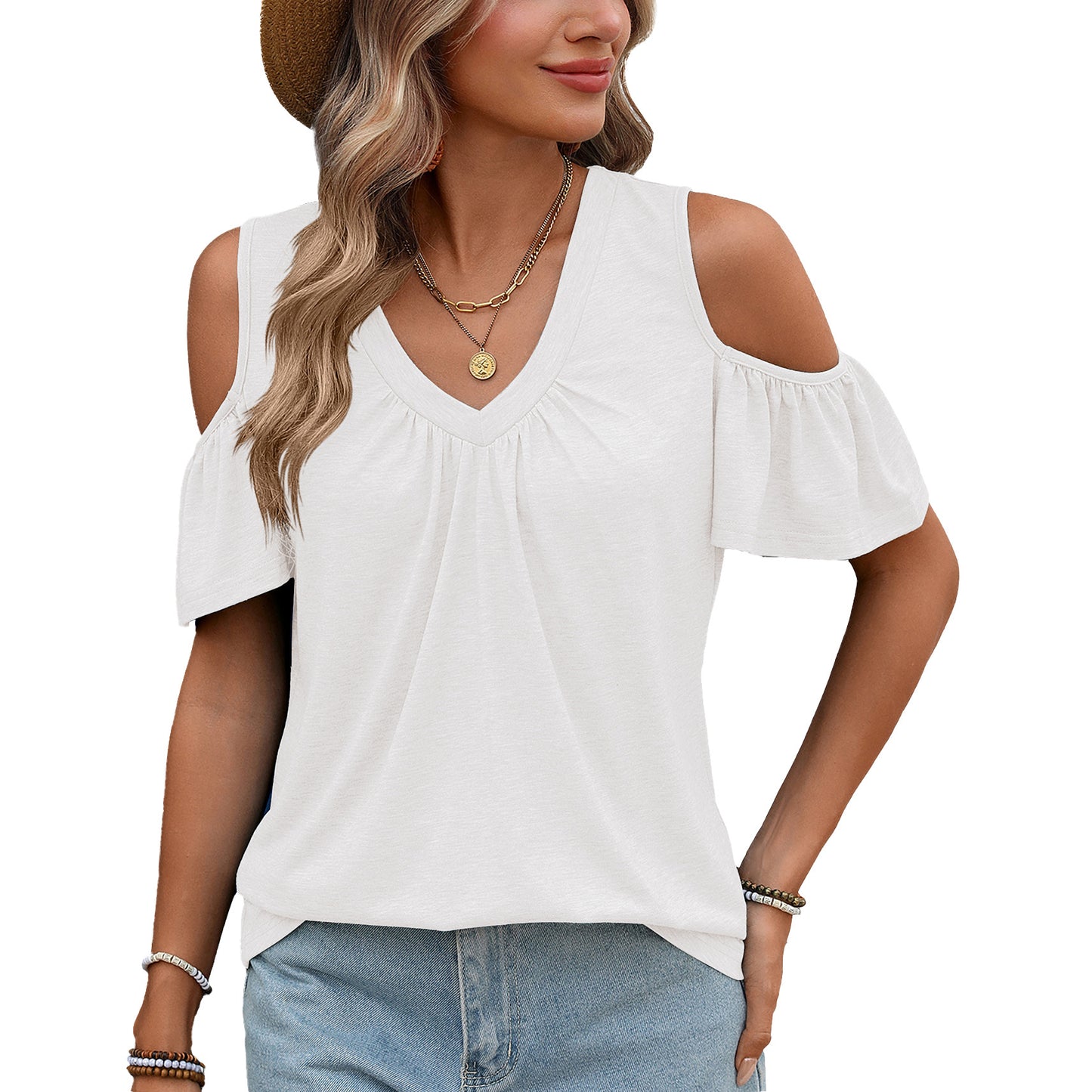 Trendy Solid Color Pleated Loose Sleeve Women's T-shirt