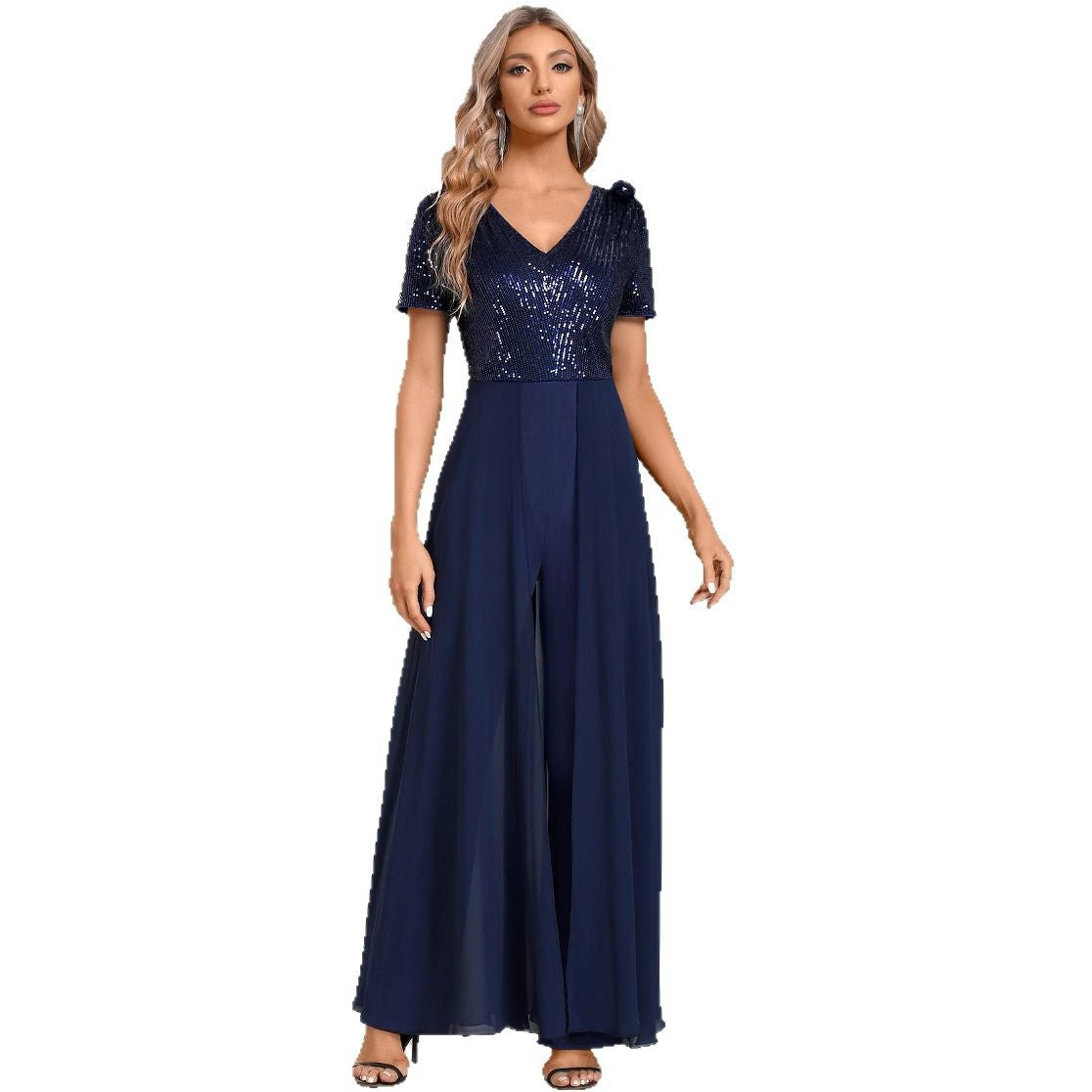 Women's Solid Color Elegant Chiffon Sequin Stitching Jumpsuits