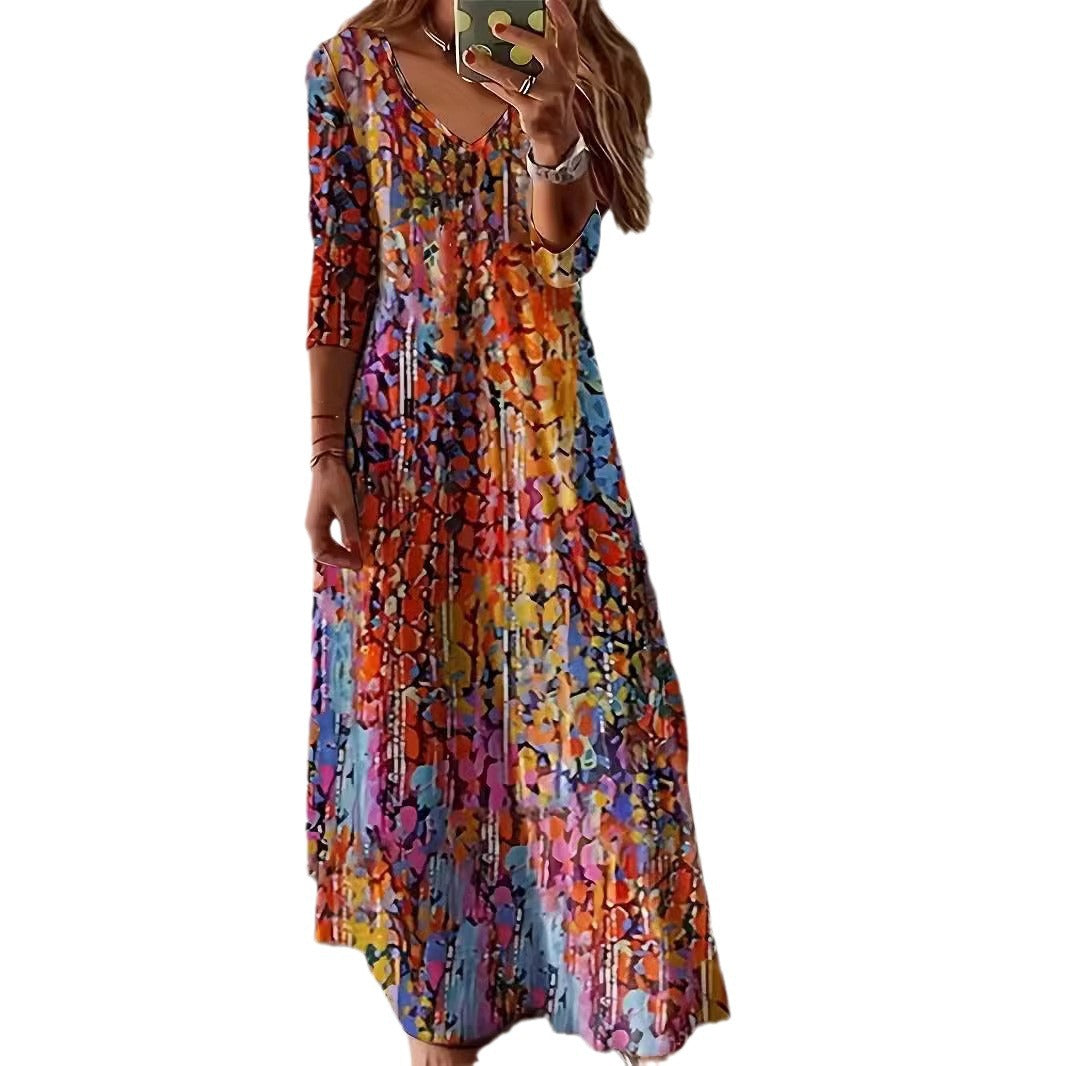 Women's Temperament Printed Long-sleeved Large Swing Dress