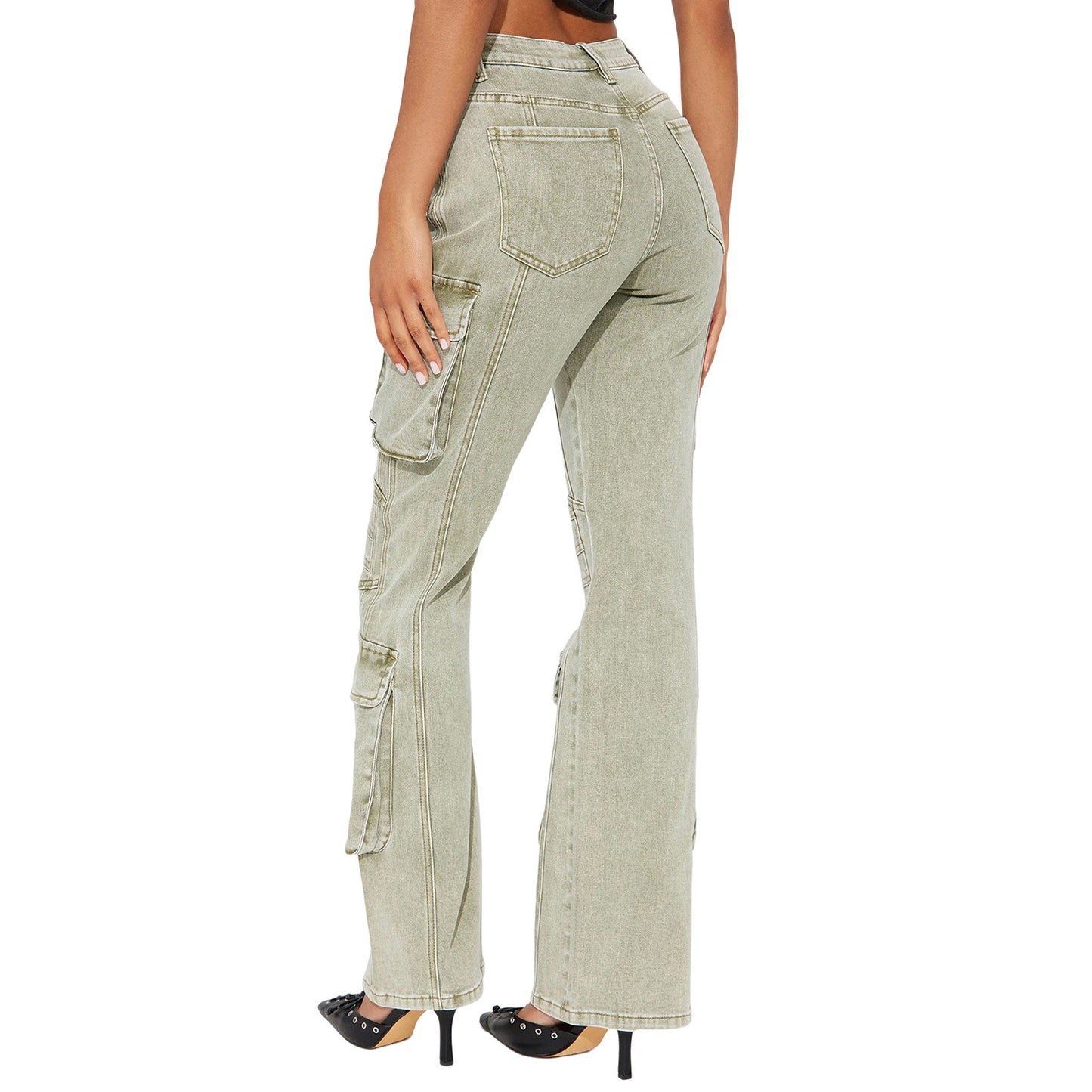 Women's High Waist Denim Cargo Bags Stretch Washed Women's Jeans