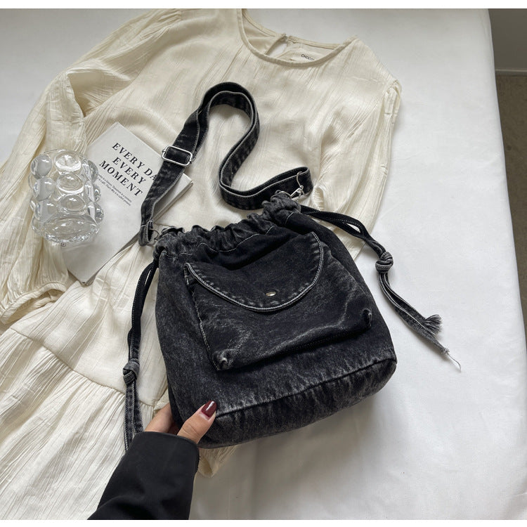 Women's Denim Large Capacity Retro Drawstring Pleated Niche Crossbody Bags