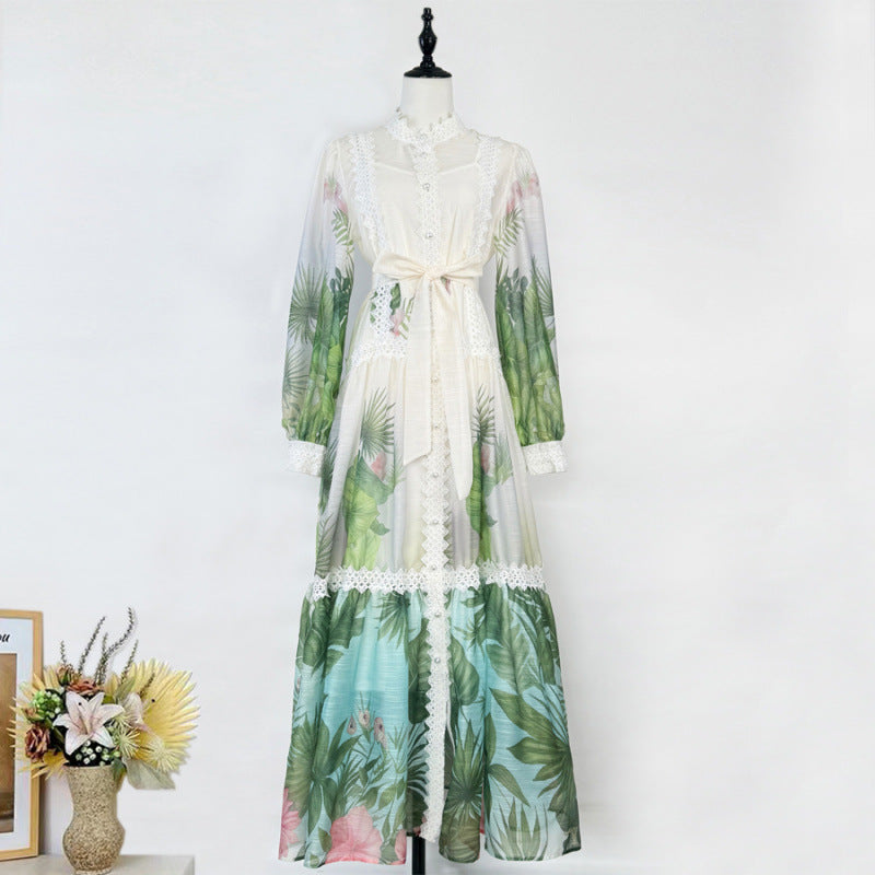 Holiday Pastoral Style Lantern Sleeve Green Tropical Printing Dresses