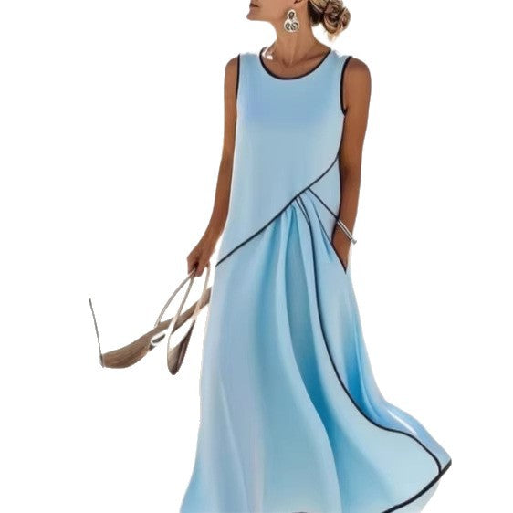 Neck Sleeveless Contrast Color Loose Slimming Dress