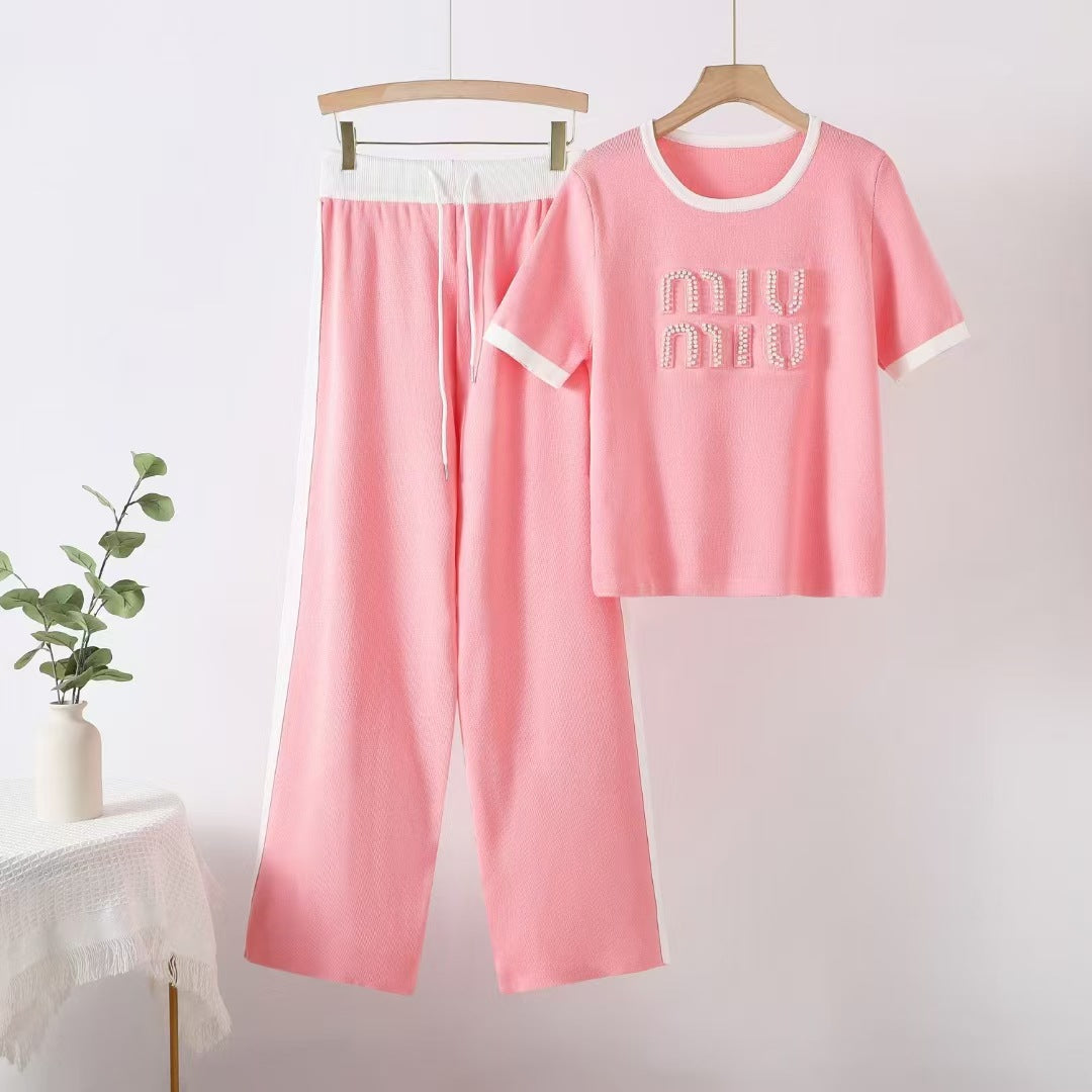 Fashion Rhinestone Letter Crew Neck Short-sleeved Knitted Trousers Suits