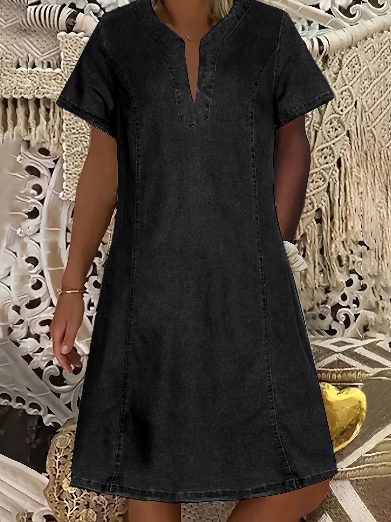 Women's Denim Dress With Collar Pleated Pockets Dresses
