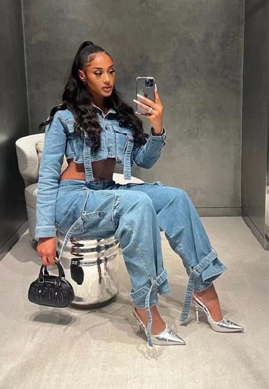 Women's Personalized With Pocket Denim Trousers Two-piece Suits