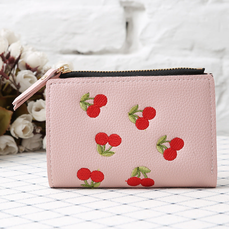 Women's Style Vertical Cherry Embroidery Short Fashion Ladies Wallets