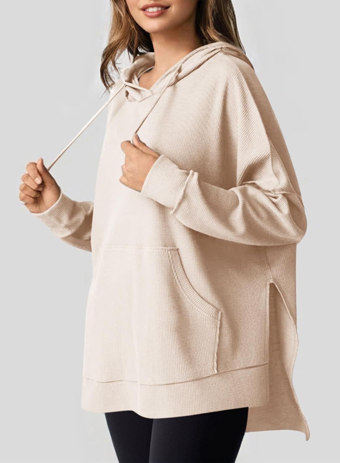 Women's Hoodie Waffle Knitted Side Slit Pullover With Pocket Women's Sweater, Sweater