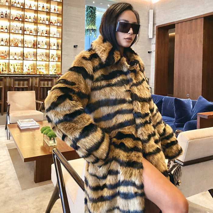 Imitation Tiger Pattern Lengthened Artificial Loose Coats