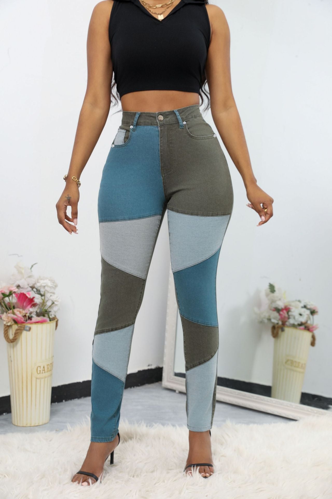 Women's Autumn Blue Black Stitching Trendy Cotton Jeans