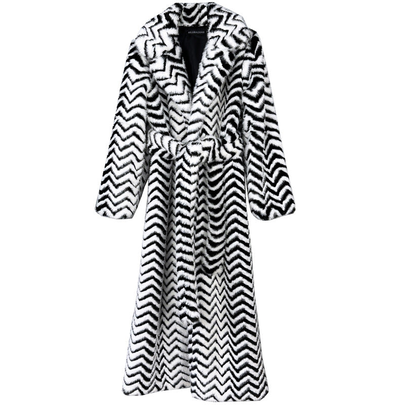 Women's Water Ripple Imitation Plush Furry Fur Lengthened Collar Long Coats